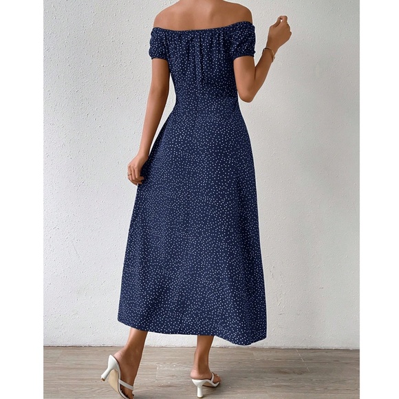 Navy Blue Polka Dot Off Shoulder split thigh Maxi Dress - Picture 4 of 4